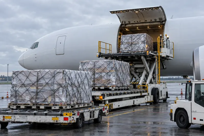 Air cargo pallets being loaded into an aircraft