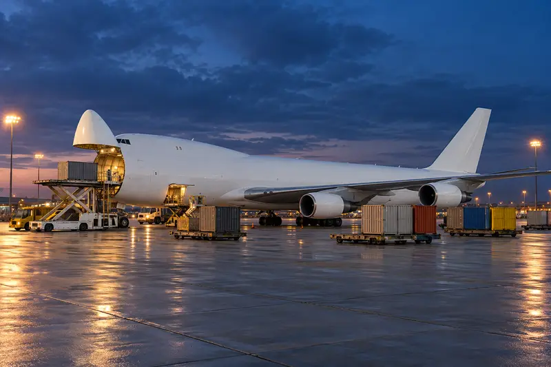 Cargo aircraft with its nose door open on an airport apron