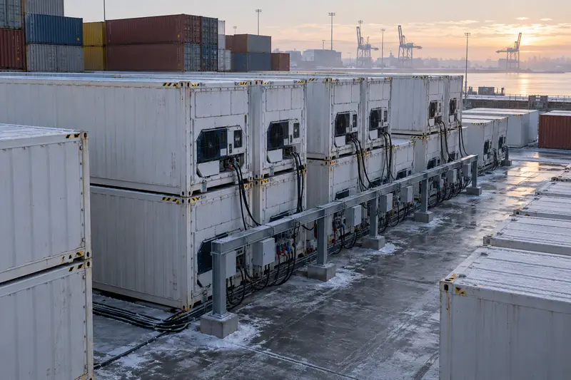 Refrigerated containers plugged in at a container yard