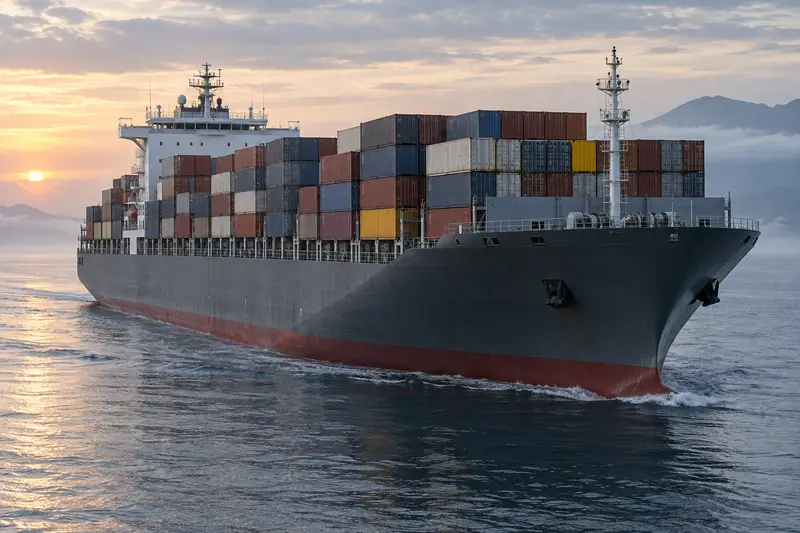 Container vessel at sea at first light